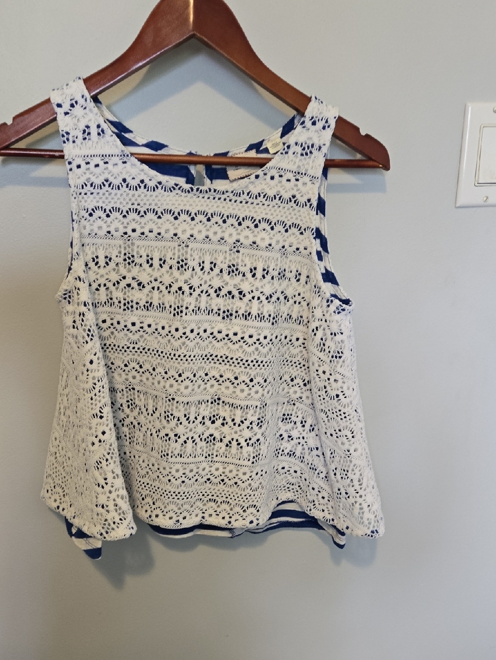 Anthropologie White Crochet Overlay Tank with Blue Stripe Underlayer